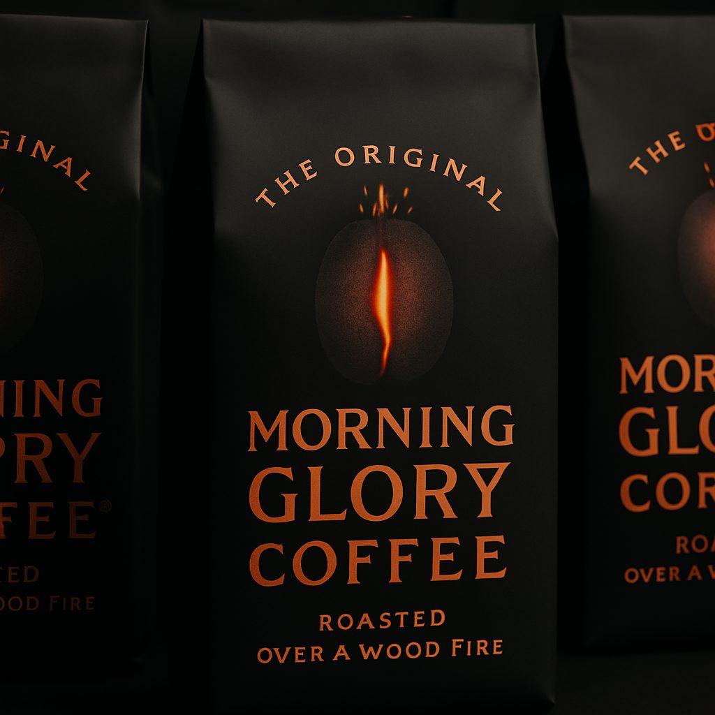 Morning Glory Coffee packaging with ember-lit coffee bean